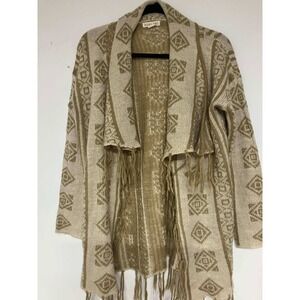 DOUBLE ZERO Boho Aztec Fringe Cardigan Sweater Open Front Beige Tan Womens M